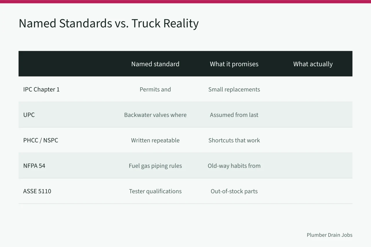 Comparison table of named plumbing codes against real callout crew behavior (Plumbing contractor service standards compared with what actually happens)